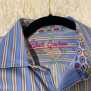 Robert Graham Large blue/brown strip button down with paisley style trim.